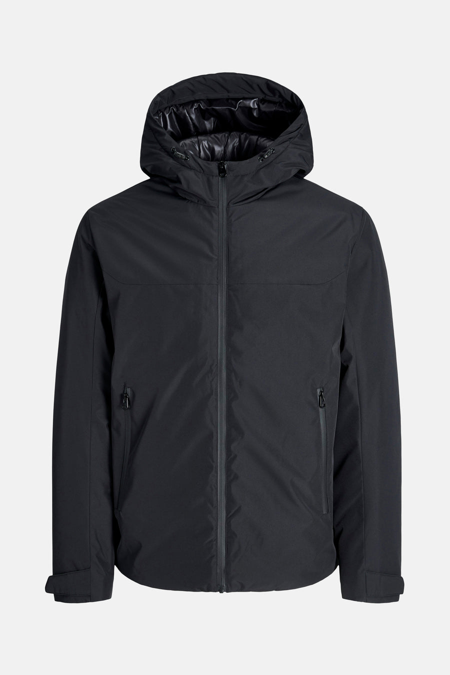 Zwarte korte jas van CORE BY JACK & JONES, met capuchon en ritssluiting.