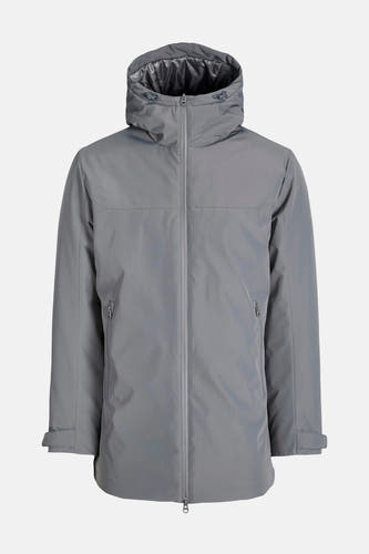 Korte grijze jas van ORIGINALS BY JACK & JONES, met capuchon en rits.
