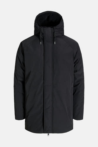 Zwarte lange jas van ORIGINALS BY JACK & JONES, met capuchon gevoerd met imitatiebont.