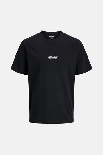 Zwart T-shirt met korte mouwen van CORE BY JACK & JONES, met witte logo-opdruk op de borst.