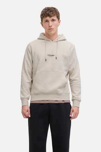 Beige sweater met capuchon van CORE BY JACK & JONES, met een kangoeroezak en zwarte trekkoorden.