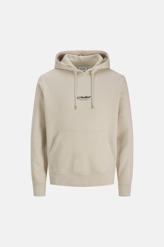 Beige sweater met cap van CORE by JACK & JONES, met trekkoorden en een buidelzak.