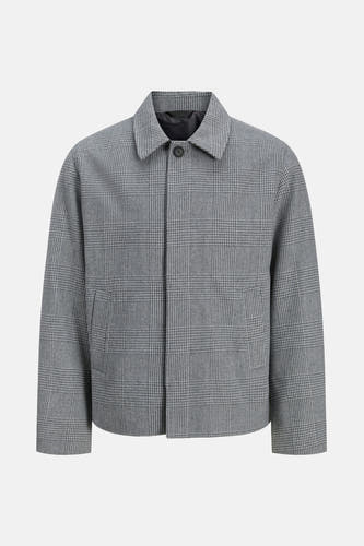 Korte grijze jas van PREMIUM by JACK & JONES met een ruitpatroon en een knoopsluiting.