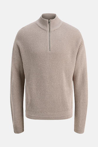 Beige trui van PREMIUM by JACK & JONES, met een ribgebreide textuur en een korte ritssluiting.
