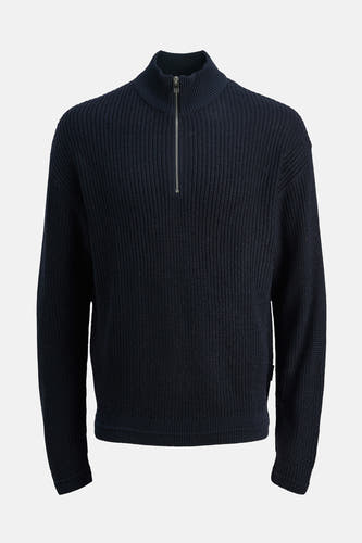 Blauwe trui van PREMIUM by JACK & JONES, met een grove ribstructuur en een korte zilverkleurige ritssluiting.
