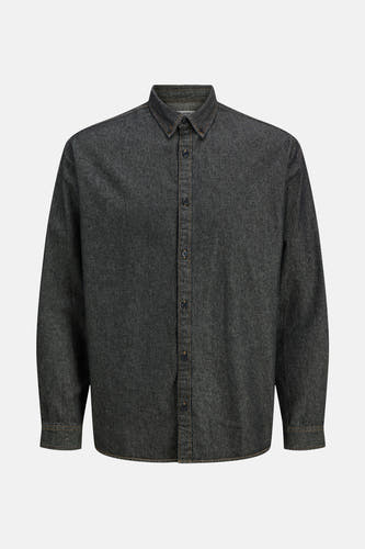 T-shirt en denim noir de JJREBEL, avec longues manches et col boutonné.