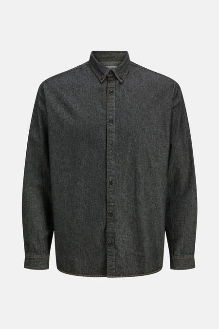 Zwart denim jeanshemd van JJREBEL, met lange mouwen en knoopsluiting.