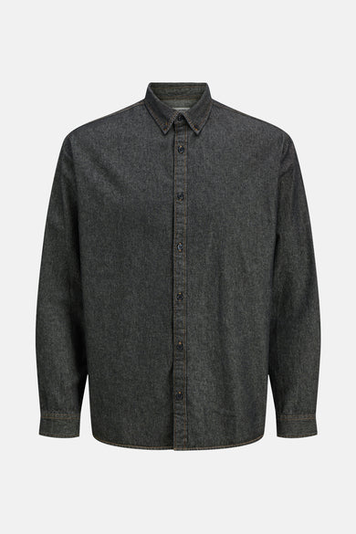 T-shirt en denim noir de JJREBEL, avec longues manches et col boutonné.