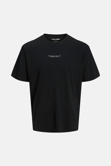 Zwart T-shirt met korte mouwen van CORE BY JACK & JONES, met een kleine witte tekstprint op de borst.