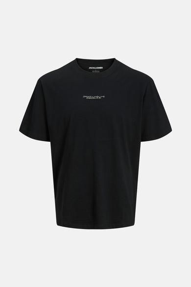 T-shirt noir à manches courtes de CORE BY JACK & JONES, avec une petite impression de texte blanc sur la poitrine.