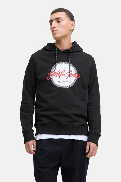 Gilet noir avec capuche d'ORIGINALS BY JACK & JONES, avec logo rouge sur la poitrine et cordon de serrage.