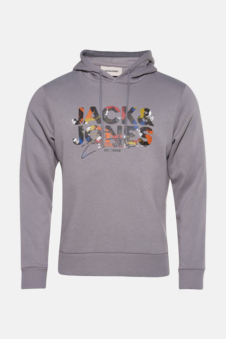 Grijze sweater met kap van ORIGINALS BY JACK & JONES, met kleurrijke logo-opdruk op de voorkant.
