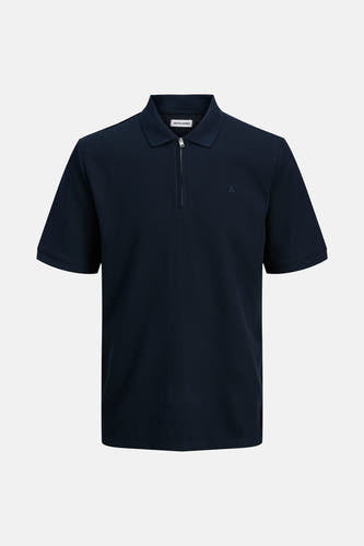 Blauw poloshirt van PREMIUM by JACK & JONES, met een rits en een fijn ribmotief.

