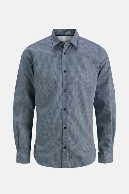 Blauw overhemd met lange mouwen van PREMIUM by JACK & JONES, met een subtiel geometrisch patroon.

