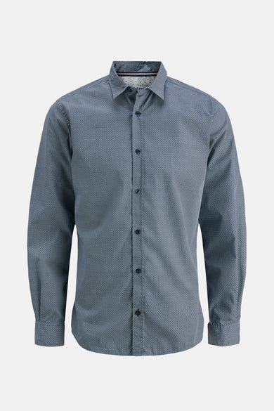 Blauw overhemd met lange mouwen van PREMIUM by JACK & JONES, met een subtiel geometrisch patroon.
