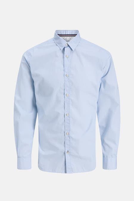 Blauw overhemd met lange mouwen van PREMIUM by JACK & JONES, fijn patroon en knoopsluiting.