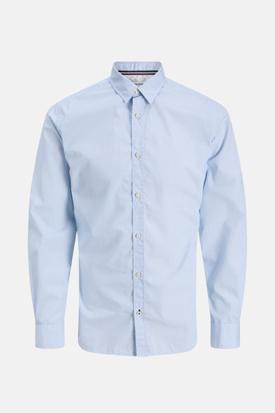 Blauw overhemd met lange mouwen van PREMIUM by JACK & JONES, fijn patroon en knoopsluiting.