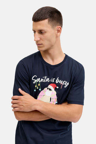 Blauw T-shirt met korte mouwen van ORIGINALS BY JACK & JONES, met een kerstprint van een luie kerstman.
