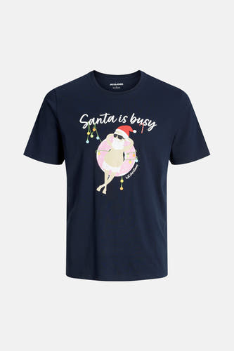 Blauw T-shirt met korte mouwen van ORIGINALS BY JACK & JONES, met een grafische print van een kerstman met zonnebril op een roze zwemband.