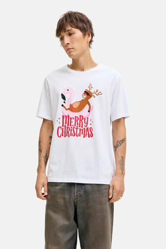 Wit T-shirt met korte mouwen van ORIGINALS BY JACK & JONES, met een rendier op een flamingo en "Merry Christmas" tekst.