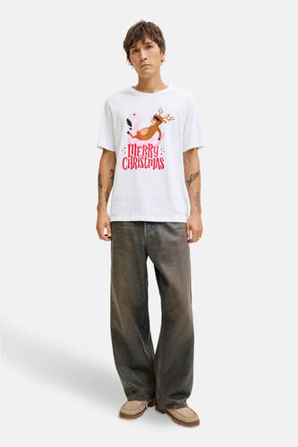 Wit T-shirt met korte mouwen van ORIGINALS BY JACK & JONES, met een kerstprint van een rendier op een roze flamingo.
