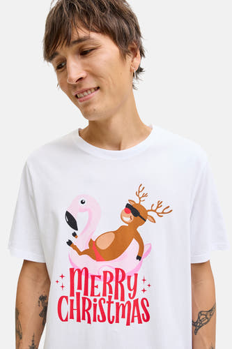 Wit T-shirt met korte mouwen van ORIGINALS BY JACK & JONES, met print van een rendier op een flamingo luchtbed.
