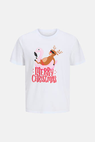Wit T-shirt met korte mouwen van ORIGINALS by JACK & JONES, met een kerstprint van een rendier op een flamingo.