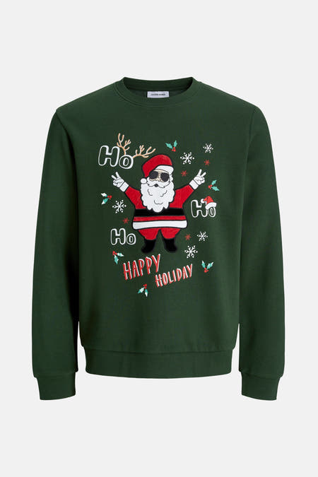 Groene sweater van ORIGINALS BY JACK & JONES met kerstmotief van een kerstman met zonnebril en 'Ho Ho Happy Holiday'.