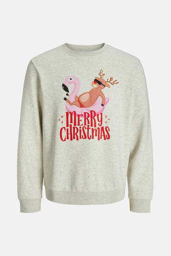 Gilet gris d'ORIGINALS BY JACK & JONES avec un imprimé de Noël représentant un renne sur un flamant rose.
