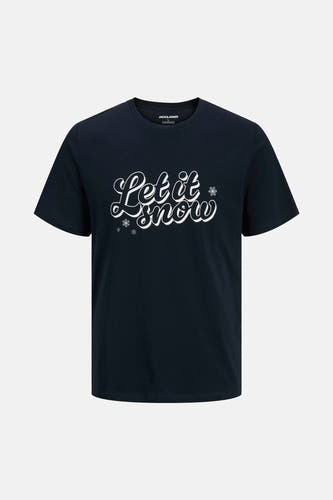 Donkerblauw T-shirt met korte mouwen van ORIGINALS BY JACK & JONES, met "Let it snow" tekst en sneeuwvlokken.