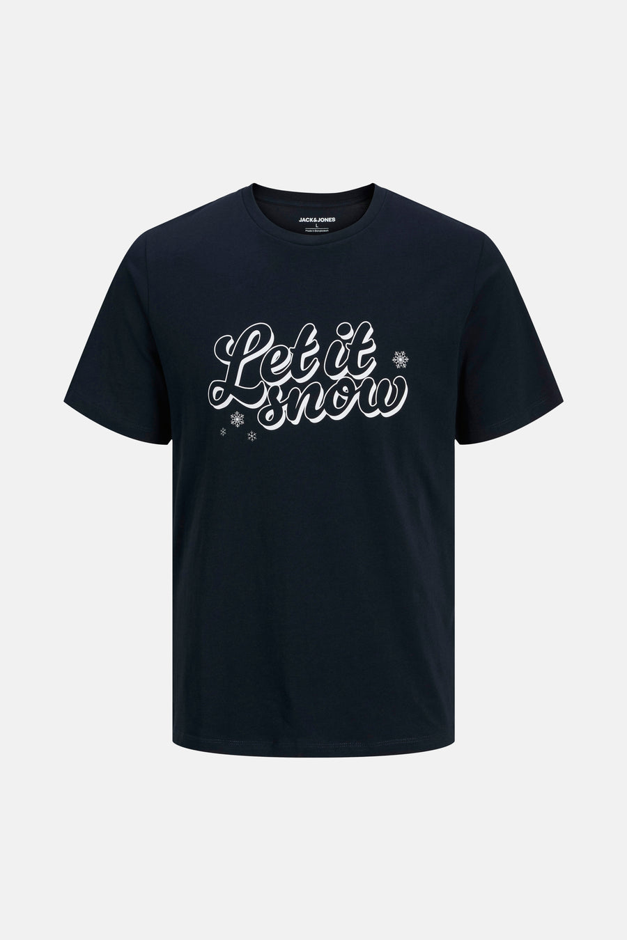 Marineblauwe T-shirt met de tekst "Let it snow".