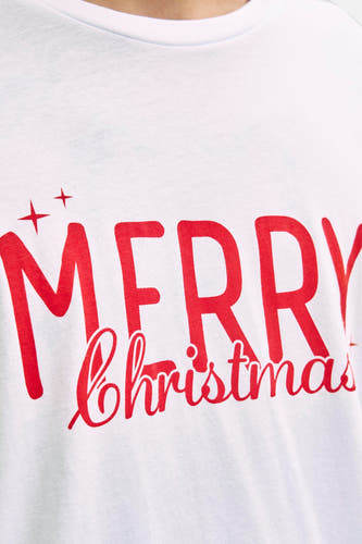 T-shirt blanc à manches courtes d'ORIGINALS BY JACK & JONES, avec une impression de texte "Joyeux Noël" rouge.