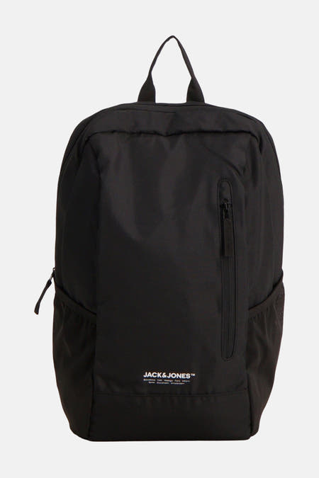 Zwarte rugzak van ACCESSORIES BY JACK & JONES, met een verticale rits en zijvakken.