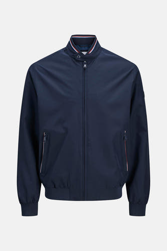 Korte blauwe jas van ORIGINALS BY JACK & JONES met ritssluiting en gestreepte details op de kraag en zakken.