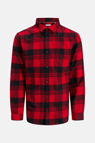 Rood flanellen overhemd met lange mouwen van PREMIUM BLUE by JACK & JONES, met een zwart blokpatroon.
