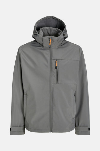 Grijze korte jas van CORE by JACK & JONES, met capuchon en oranje accenten op de ritsen.