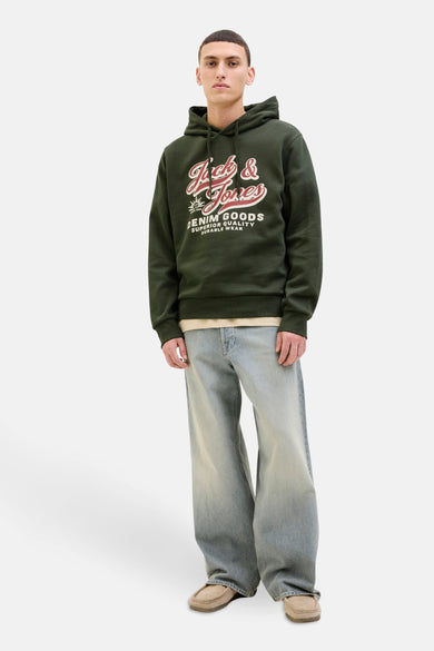 Sweater vert de cap d'ORIGINALS BY JACK & JONES, avec cordon de serrage et impression sur la poitrine.