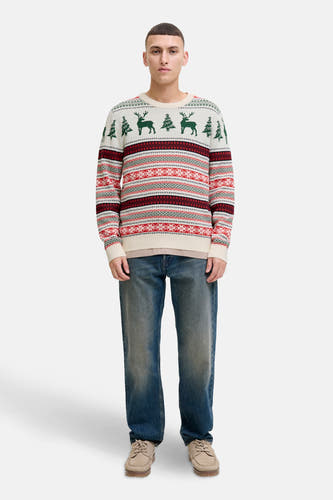 Meerkleurige trui met ronde hals van ORIGINALS BY JACK & JONES, met kerstboom- en rendiermotieven.