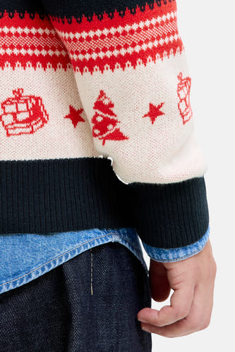 Veelkleurige trui met ronde hals van ORIGINALS BY JACK & JONES, met kerstpatronen en zichtbaar denim overhemd.
