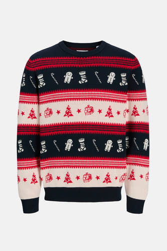 Multikleurige trui met ronde hals van ORIGINALS BY JACK & JONES, met kerstmotieven van gingerbreadmannetjes, zuurstokken en kerstbomen.