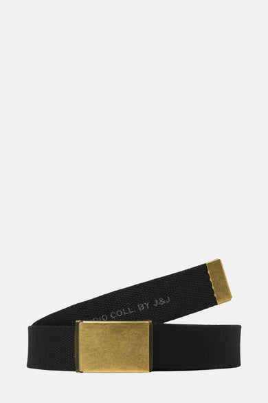 Ceinture noire d'ACCESSORIES BY JACK & JONES, avec une boucle métallique et des détails de texte subtils.