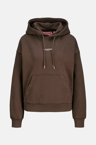 Gilet brun avec capuche JJXX, avec cordons et une poche kangourou à l'avant.