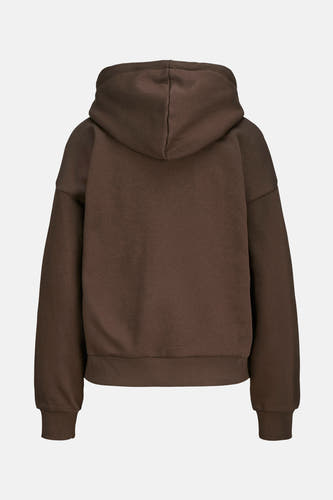 Gilet marron avec capuche JJXX, vu de l'arrière, avec des manches longues et des bordures côtelées.