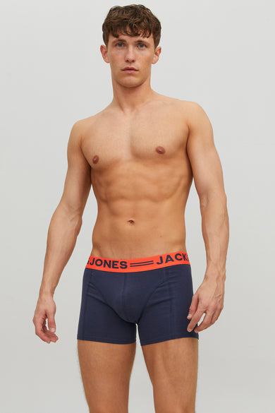 Blauwe boxershort van ACCESSORIES BY JACK & JONES, met oranje tailleband met logo.
