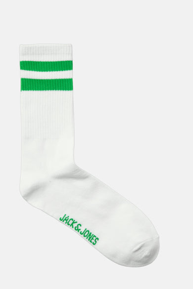 Witte sok met groene strepen en JACK & JONES logo.
