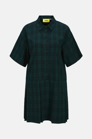 Blauw kleedje met korte mouwen van JJXX, met een groen en blauw geruit patroon en plooien aan de onderkant.