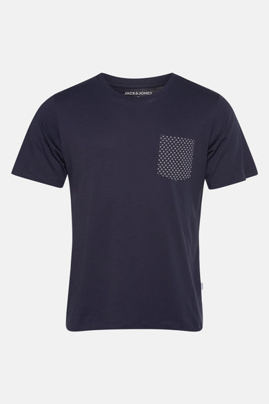 T-shirt bleu à manches courtes de PREMIUM by JACK & JONES, avec une poche avant à motif floral.