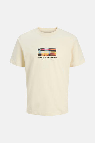 Geel T-shirt met korte mouwen van CORE by JACK & JONES, met grafische print op de borst.