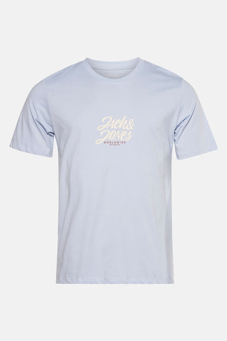 Blauw T-shirt met korte mouwen van ORIGINALS BY JACK & JONES, met beige logo op de voorkant.