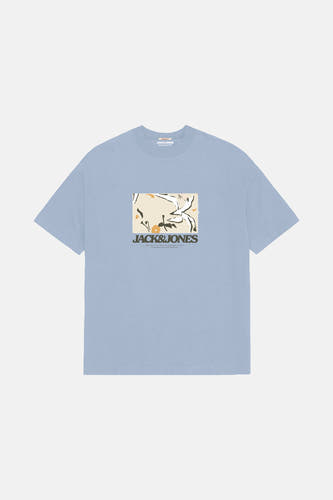Blauw T-shirt met korte mouwen van ORIGINALS by JACK & JONES, met grafische print op de borst.
